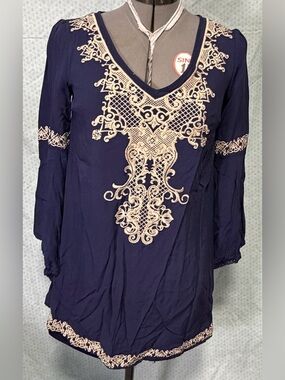 Flying Tomato Navy Tunic Dress with Cream Embroidery